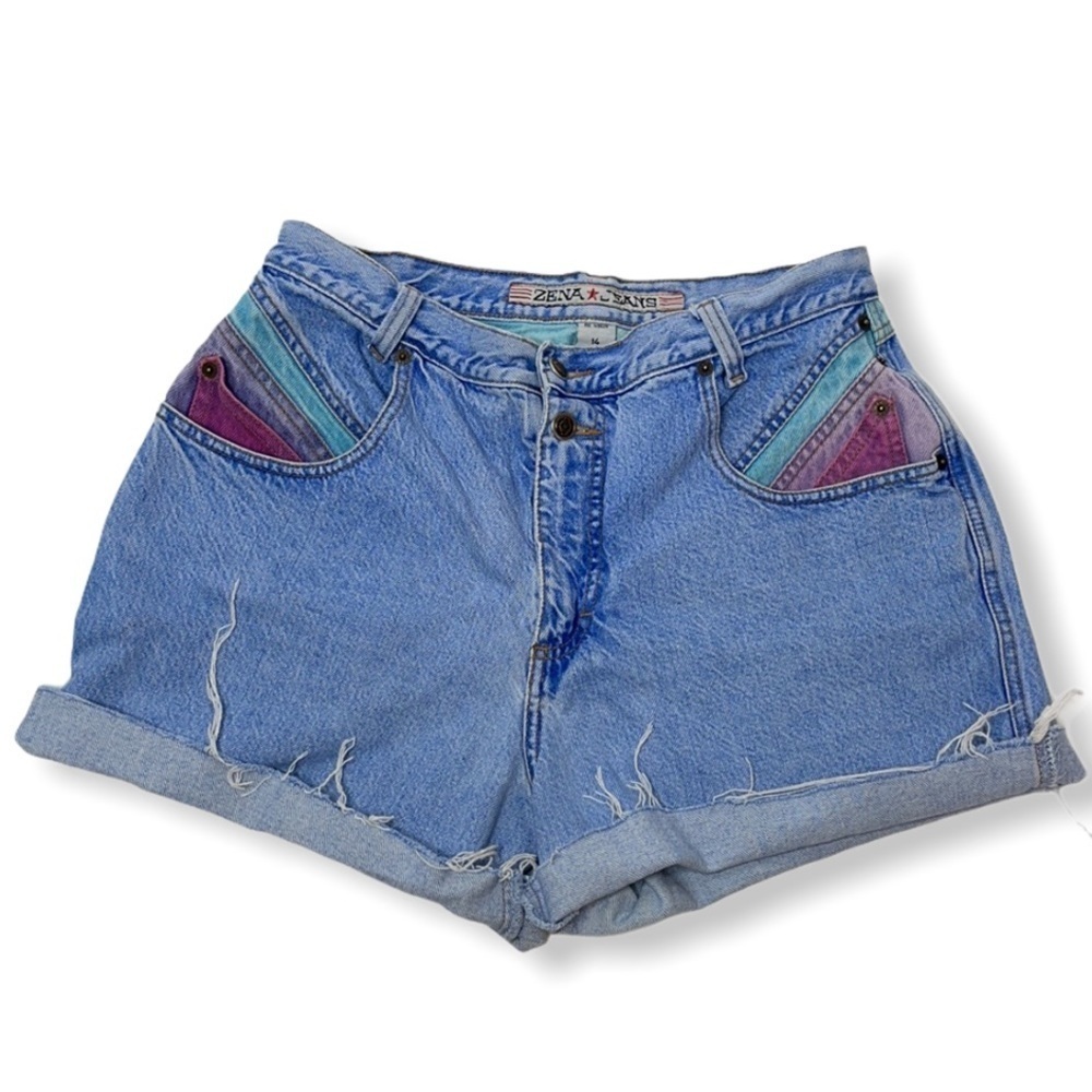 Vintage Zena Color Block Denim Cut Off Jean Shorts